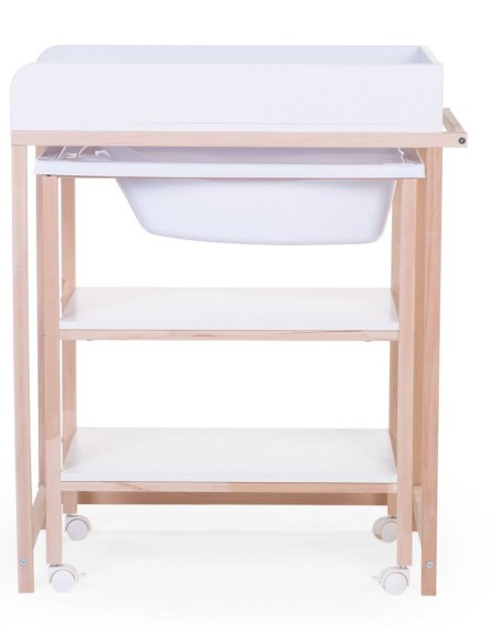 Cambiador de madera con bañera blanco/natural+ruedas