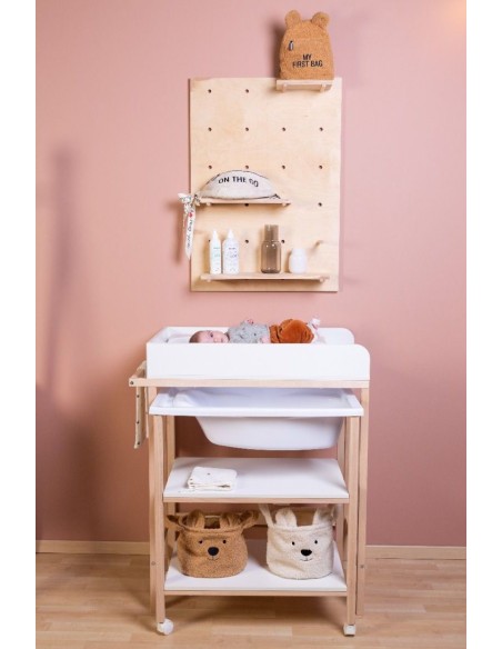 Cambiador de madera con bañera blanco/natural+ruedas