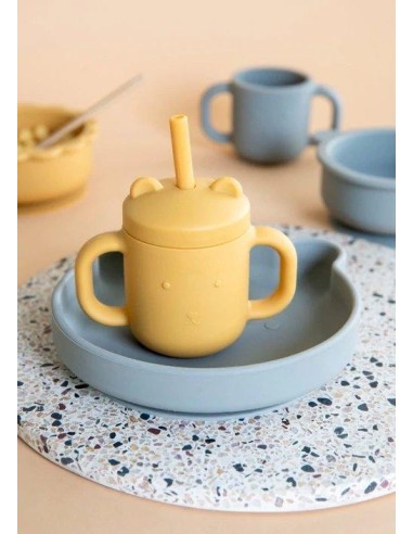 Taza silicona con asas y pajita ochre