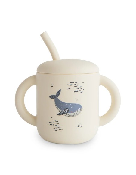 Taza didáctica+pajita silicona print whales