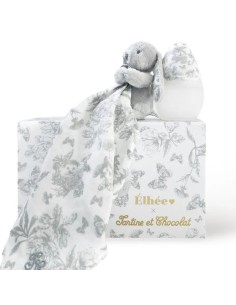 Pack biberón y doudou "Toile de Jouy" gray
