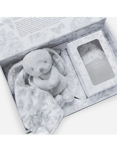 Pack biberón y doudou "Toile de Jouy" gray