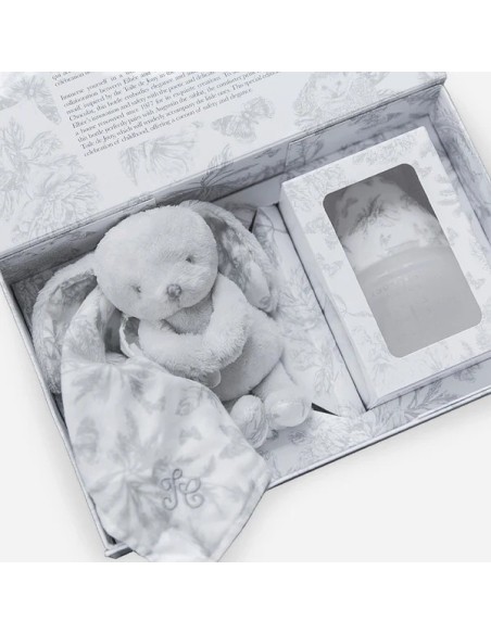 Pack biberón y doudou "Toile de Jouy" gray