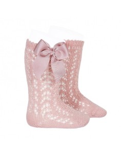 Calcetines altos perlé calados con lazo grogrén rosa palo