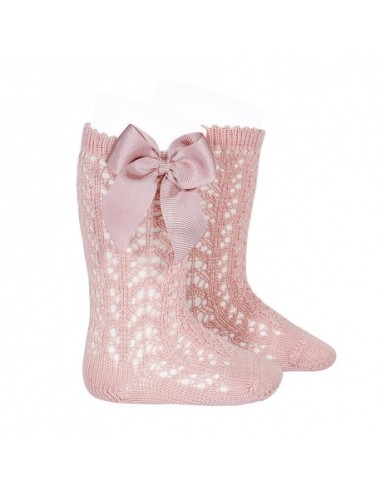 Calcetines altos perlé calados con lazo grogrén rosa palo