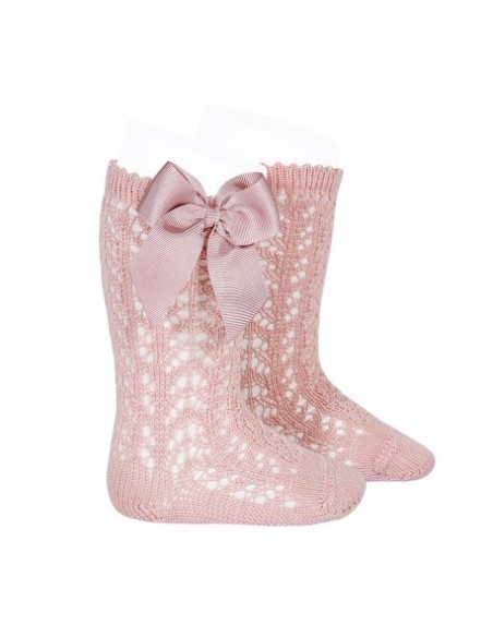 Calcetines altos perlé calados con lazo grogrén rosa palo
