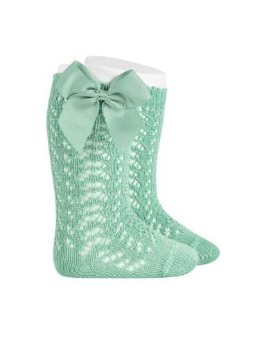 Calcetines altos perlé calados con lazo grosgrén wasabi