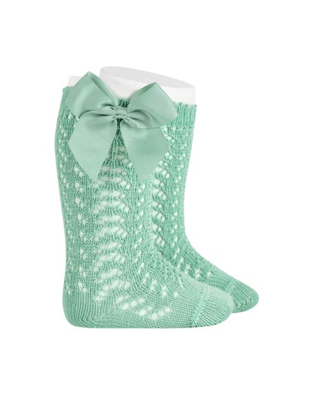 Calcetines altos perlé calados con lazo grosgrén wasabi