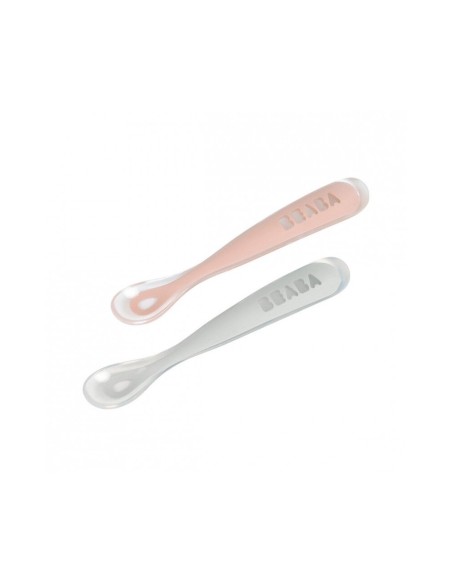 Set 2 cucharas silicona edad estuche gris rosa